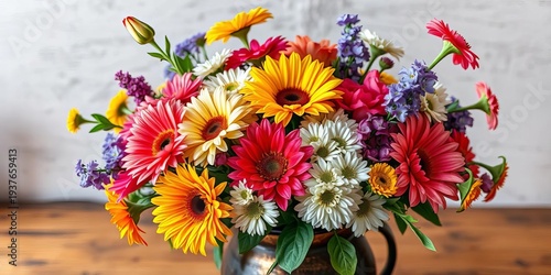 Vibrant bouquet of assorted flowers in a rustic vase, present, floral arrangement