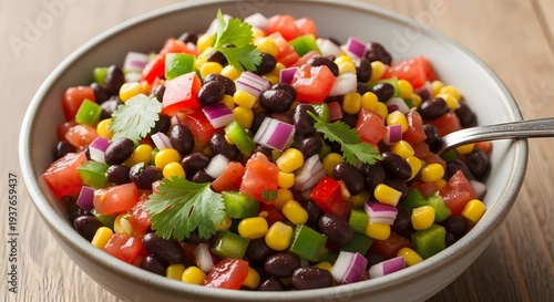 Cowboy Caviar Black Bean Corn Salsa Mix, Fresh Tex-Mex Dip with Tomatoes, Peppers, Onions and Cilantro, Colorful Healthy Appetizer in Bowl Close-Up