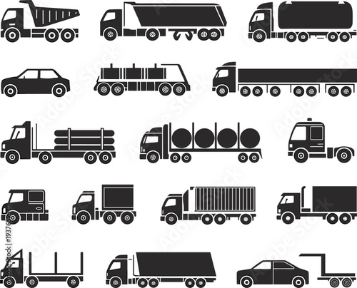 Collection of cargo transport truck icons including tanker dump trailer pickup delivery vehicle logistics transportation vector silhouette set