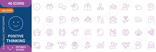 Positive Thinking Icon Set. Open mind, mindset, smart think, good people, good habits, brain process, design thinking icon, optimism, motivation, creativity, personal growth. Editable stroke. Vector