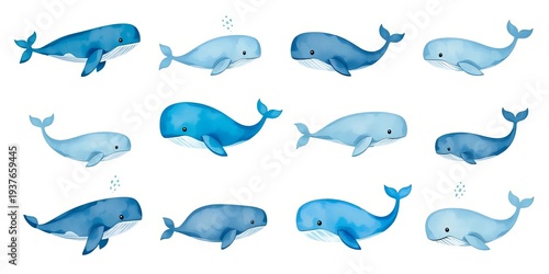 A whimsical set of watercolor painted whales, varying in size and shades of blues and grays,  wildlife,  creative