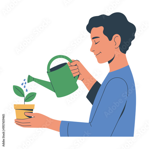 Man tenderly watering a small plant with a green watering can