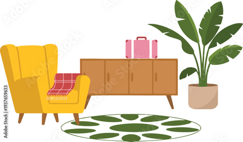 Minimal Line Art Scandinavian Living Room Interior with Yellow Armchair Wooden Cabinet and Indoor Plant Vector Illustration