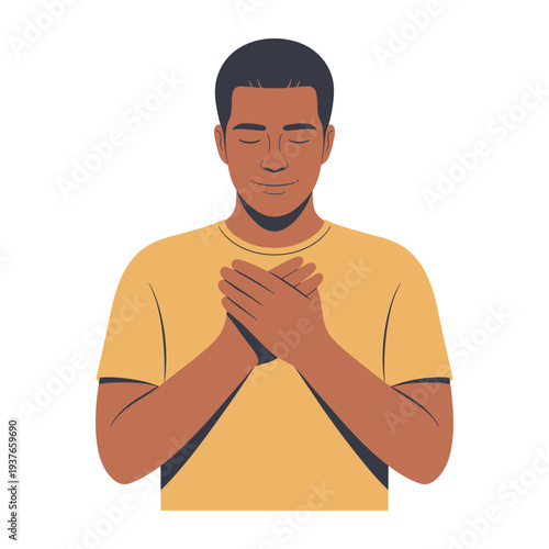 Man with hands on chest smiling in gratitude and happiness
