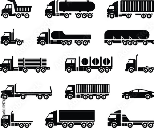 Heavy cargo truck transport icons set including tanker dump trailer container pickup logistics delivery vehicle silhouette vector illustration