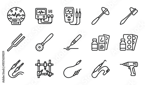 Different medical devices for therapy and examination such as hammer tuning fork and probes