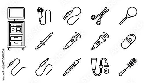 Endoscopy diagnostic equipment line icons set for hospital or medical clinic services