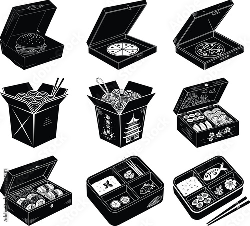 Black and white of various takeout food containers takeout containers food packaging sushi pizza noodles