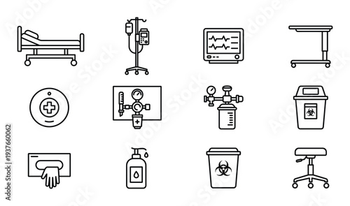 Hospital room furniture and patient care equipment line icons for clinical medical facility interior