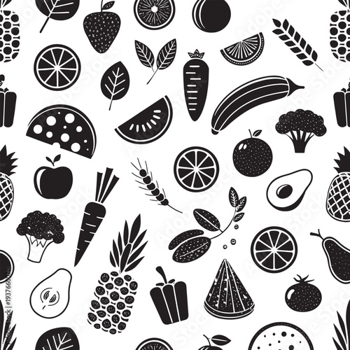 Black and white pattern of assorted fruits and vegetables food