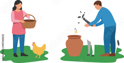 Minimal Line Art Illustration of Woman Feeding Farm Animals Including Chicken and Goat Rural Agriculture Vector Scene