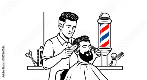 Barber cutting client's hair with electric clipper and comb, vintage barber pole