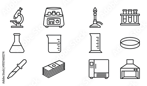 Laboratory research and scientific experiment equipment icons for chemistry and biology testing set