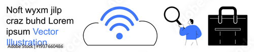 Cloud computing, wireless networking, data storage, business analysis, problem-solving, digital solutions. Cloud icon emits signals, person with magnifier briefcase icon. Cloud computing and data