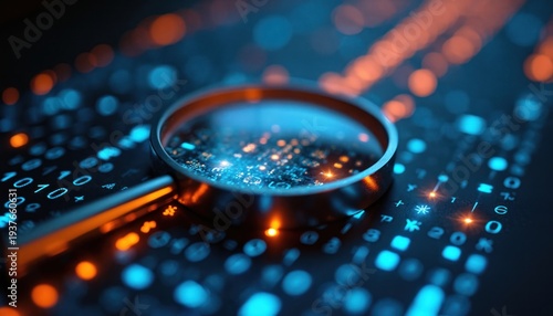 Magnifier over illuminated binary code with orange hotspots identifies digital threats. Data inspection reveals code anomaly and cybersecurity breach investigation for digital forensics.