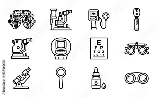 Medical ophthalmology equipment icon set featuring eye examination tools for clinic diagnostic care