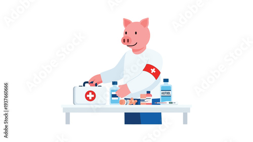 Cute cartoon pig character as medical doctor with first aid kit