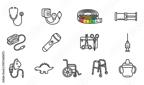 Medical objects for checking patient health such as stethoscope tonometer tape and surgical tools