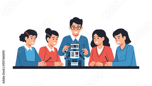 Happy school children building robot together STEM education concept vector