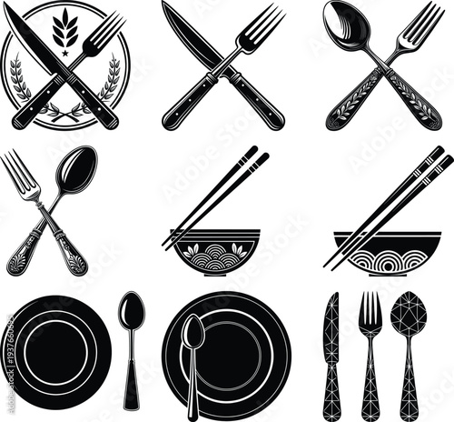 Black and white tableware with plates spoons forks knives and chopsticks utensils bowls