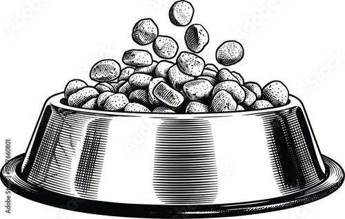 Pet food bowl with dry kibble pellets hand drawn vintage engraving vector sketch