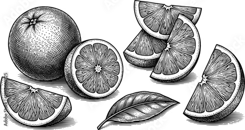 Orange fruit set with whole citrus slices and leaf vintage engraving sketch vector
