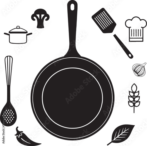 Black frying pan with kitchen utensils and food cooking chef hat spatula whisk