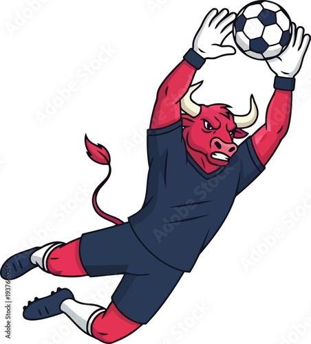 Cartoon Red Bull Soccer Goalkeeper Catching Ball in Action, Sports Mascot Illustration