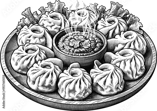 Steaming momos with dipping sauce, traditional nepalese dumpling food on plate