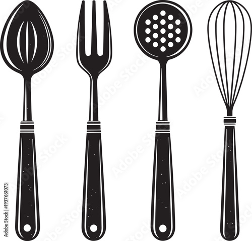 Black silhouette kitchen utensils spoon fork skimmer whisk isolated on white