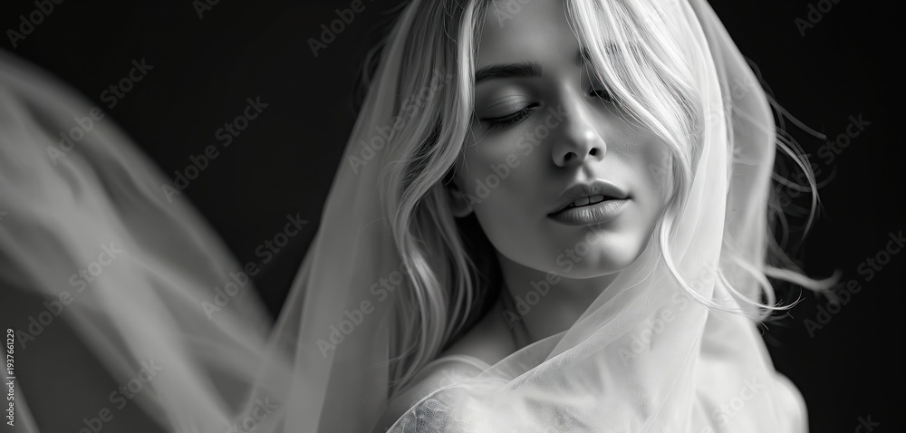 Naklejka premium Young woman blonde hair veiled white fabric rests eyes closed. Her face serene peaceful evokes calm beauty and gentle grace. Soft light highlights delicate features. Timeless elegance captured.
