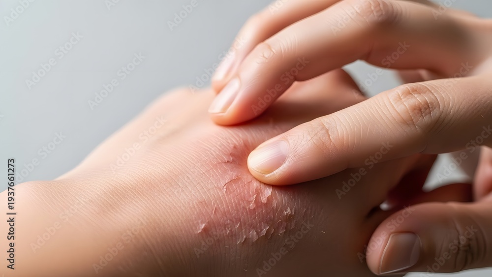 Fototapeta premium Psoriasis skin irritation and dermatological hand care. Eczema symptoms and allergy relief. Close up of a finger touching a dry scaly red patch of peeling skin on a person's hand