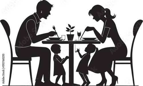 Black silhouette of family with two children eating at restaurant table meal