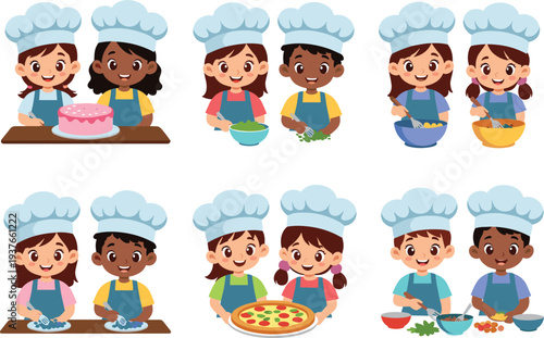 "Colorful cartoon illustration of children chefs working in pairs, cooking, baking, and preparing food together, highlighting teamwork, culinary skills, and playful educational kitchen activities"