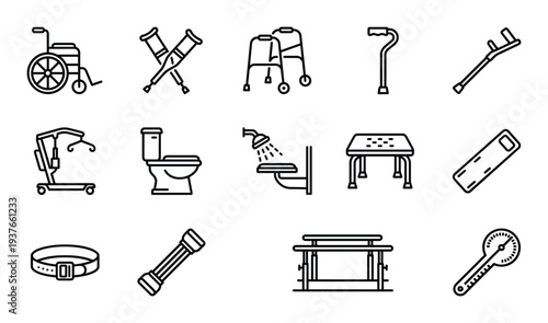 Physical therapy and mobility aid equipment icons for rehabilitation and patient accessibility care