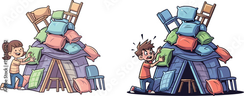 Children building indoor pillow fort, teamwork creativity, playful childhood activity, imaginative construction, household items challenge, fun learning experience, family bonding