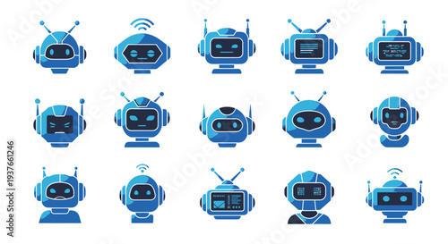 Set of blue cartoon robot faces expressing different emotions and statuses, isolated on white background