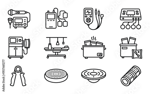 Physiotherapy equipment linear icons vector illustration for rehabilitation therapy clinic