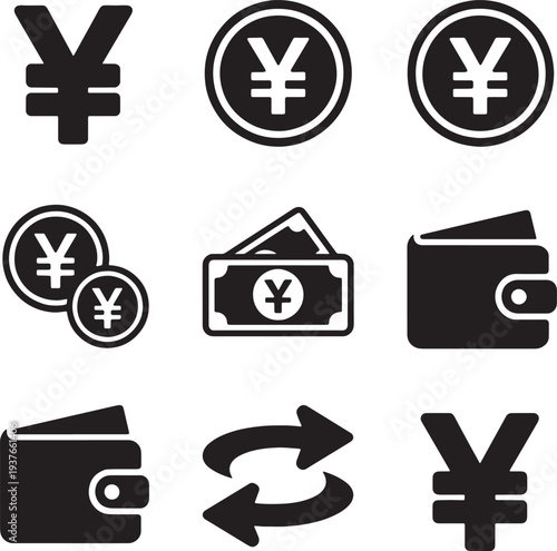 Japanese yen and Chinese yuan currency vector  icon set for banking wallet and payment interface