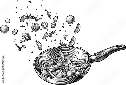 Frying pan with flying vegetables and herbs hand drawn sketch vector illustration