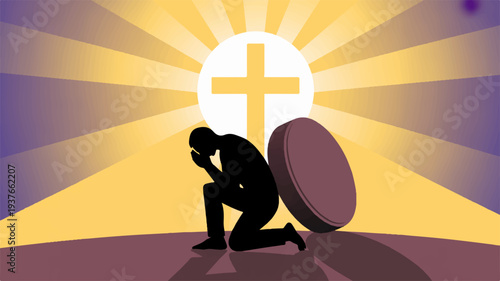Silhouette of a man kneeling in prayer with a shield illuminated by a radiant cross