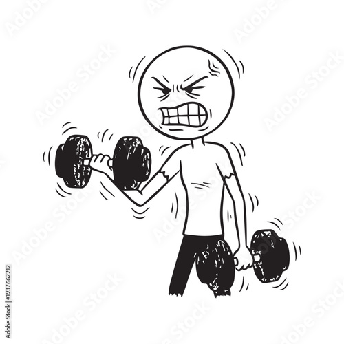 Stick Figure Lifting Heavy Dumbbells Illustration - Funny Cartoon Gym Workout Line Art
