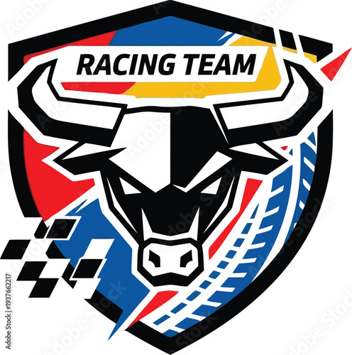 Professional racing team emblem featuring bull mascot and checkered flag