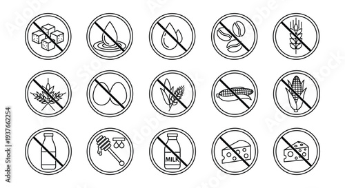 Collection of black line art vector icons representing various common food restrictions and allergen warnings