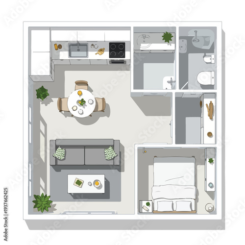 Modern apartment floor plan with living room kitchen bedroom and bathroom
