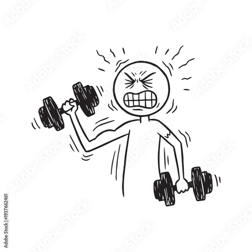 Stick Figure Lifting Heavy Dumbbells Illustration - Funny Cartoon Gym Workout Line Art
