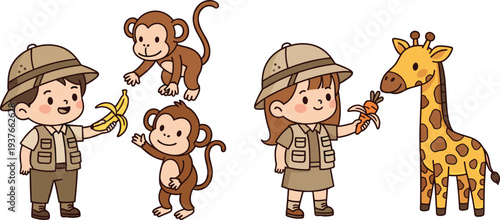 Children feeding zoo animals, safari outfits, monkeys and giraffe, educational wildlife interaction, playful cartoon illustration, animal care learning activity