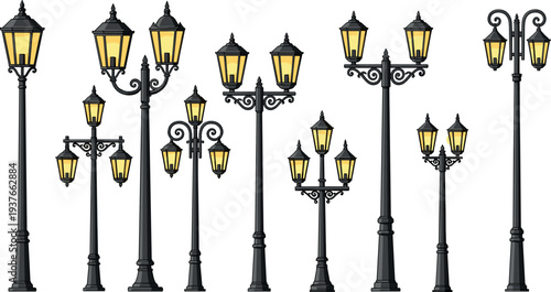 Vintage street lamp collection flat vector illustration with classic wrought iron lantern posts for urban outdoor lighting design