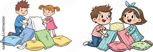 kids having pillow fight illustration, happy children playing with colorful cushions, fun home activity, playful cartoon kids vector scene