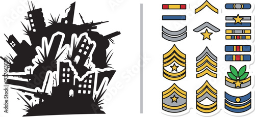 A black silhouette of a destroyed city in ruins, paired with a set of military rank insignias and service ribbons. The contrast represents the harsh reality of war and professional military service.